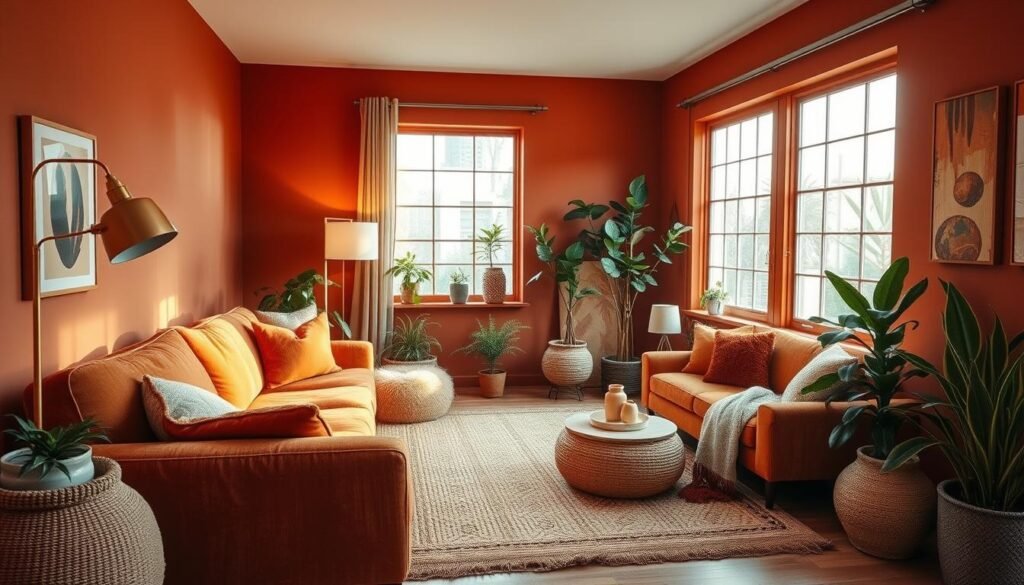 A cozy and inviting living room with warm, earthy tones. The walls are painted in a rich, terracotta hue, creating a natural and grounding ambiance. Plush, textured furniture in shades of ochre and sienna fill the space, complemented by a woven area rug in earthy patterns. Soft, diffused lighting from a brass floor lamp casts a gentle glow, highlighting the natural textures and materials throughout the room. Potted plants and natural wood accents add to the organic, grounded feel, while large windows allow for ample natural light to pour in, lending an airy and serene atmosphere.