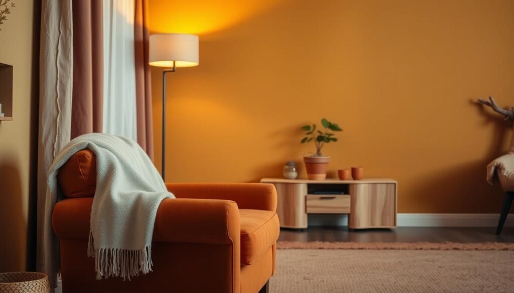 A cozy living room interior with warm, earthy paint colors. In the foreground, a plush armchair in a rich terracotta hue, with a soft throw blanket draped over the back. Indirect lighting from a floor lamp casts a gentle, amber glow across the scene. In the middle ground, a wooden side table with a potted plant and a few decorative objects in ochre and sienna tones. The walls are painted in a soothing, muted mustard color, complemented by natural fiber rugs and textiles. The overall atmosphere is one of comfort, relaxation, and the rejuvenating power of nature-inspired hues.