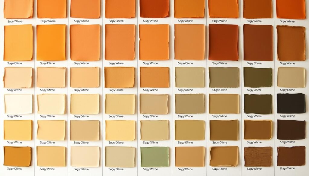Detailed color chart displaying a range of warm, earthy paint undertones, arranged in a neat grid layout against a neutral background. Soft, natural lighting highlights the nuanced hues, from rich ochres and terracotta to muted greens and browns. The palette flows seamlessly, allowing viewers to visualize how these colors might appear on walls or in home decor. The overall presentation is clean, informative and visually appealing, capturing the essence of an "earthy palette" as the focal point.