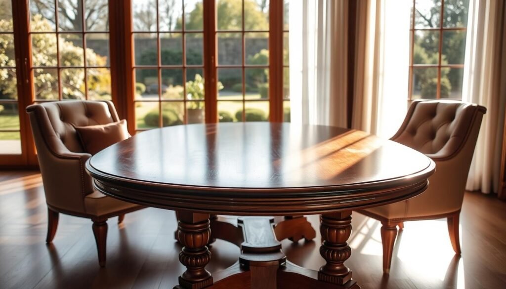 A beautifully crafted wooden table, its smooth surface gleaming in the warm, natural light. Delicate hand-carved details adorn the legs, each stroke of the chisel visible. A pair of expertly upholstered armchairs flank the table, their tufted cushions inviting touch. In the background, a wall of floor-to-ceiling windows offers a serene garden view, the sunlight filtering through sheer curtains. The overall atmosphere is one of refined elegance and timeless craftsmanship, a perfect embodiment of the resurgence of handmade furniture in modern interior design. A beautifully crafted wooden table, its smooth surface gleaming in the warm, natural light. Delicate hand-carved details adorn the legs, each stroke of the chisel visible. A pair of expertly upholstered armchairs flank the table, their tufted cushions inviting touch. In the background, a wall of floor-to-ceiling windows offers a serene garden view, the sunlight filtering through sheer curtains. The overall atmosphere is one of refined elegance and timeless craftsmanship, a perfect embodiment of the resurgence of handmade furniture in modern interior design.