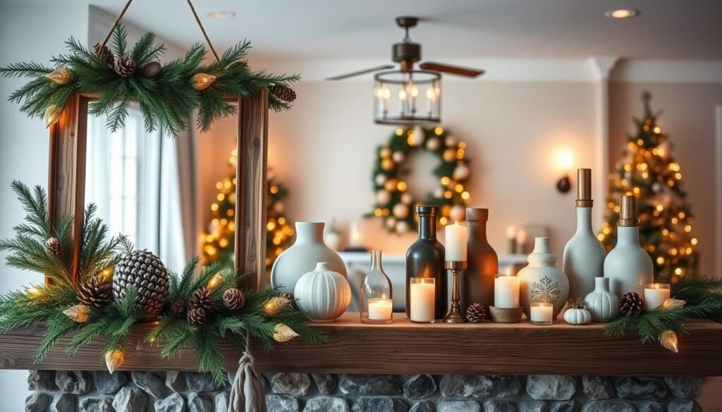 A beautifully curated mantel decor with a harmonious blend of seasonal elements. In the foreground, a rustic wooden mantel frame with natural textures and tones, complemented by a lush garland of evergreen foliage, pinecones, and warm fairy lights. In the middle ground, a striking array of vases, candles, and small decorative accents in complementary colors and materials, creating a visually balanced and inviting display. The background features a cozy, well-lit living room setting, with a warm, inviting ambiance achieved through soft, diffused lighting and neutral tones. The overall composition conveys a sense of timeless elegance and a harmonious year-round aesthetic suitable for any season. A beautifully curated mantel decor with a harmonious blend of seasonal elements. In the foreground, a rustic wooden mantel frame with natural textures and tones, complemented by a lush garland of evergreen foliage, pinecones, and warm fairy lights. In the middle ground, a striking array of vases, candles, and small decorative accents in complementary colors and materials, creating a visually balanced and inviting display. The background features a cozy, well-lit living room setting, with a warm, inviting ambiance achieved through soft, diffused lighting and neutral tones. The overall composition conveys a sense of timeless elegance and a harmonious year-round aesthetic suitable for any season.