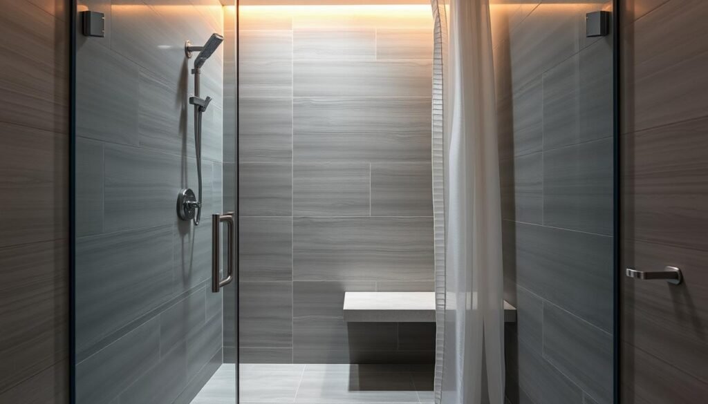 A beautifully designed walk-in shower with a built-in bench, illuminated by soft, warm lighting from above. The sleek, minimalist tiles in shades of gray cover the walls and floor, creating a serene and spa-like atmosphere. The bench, crafted from smooth, natural stone, provides a comfortable place to sit and relax. The frameless glass enclosure allows for an unobstructed view of the shower, making the space feel open and airy. A discreet shower curtain, shimmering with a subtle sheen, gently billows in the gentle breeze. The overall composition exudes a sense of tranquility and luxury, perfect for your bathroom renovation journey.