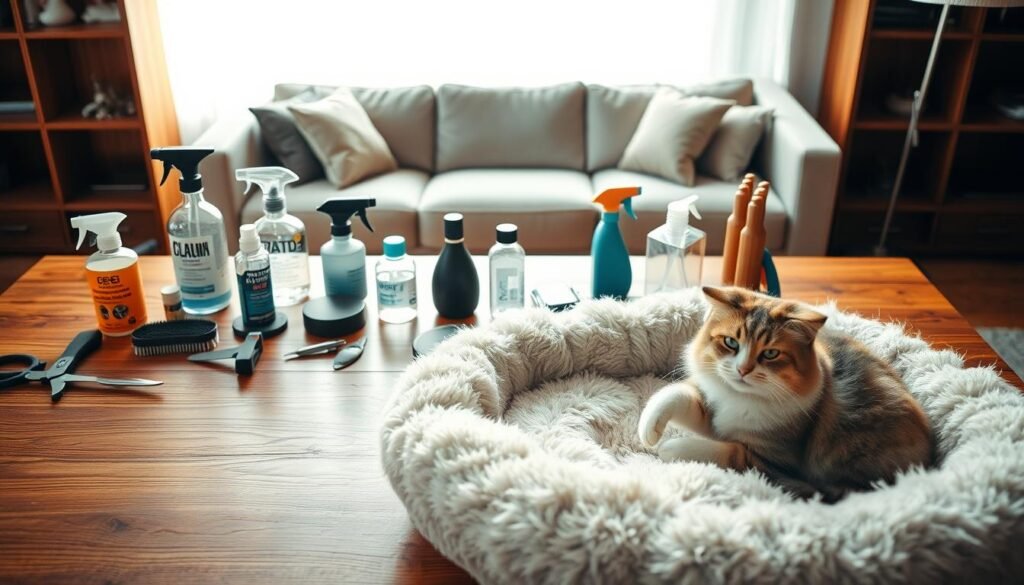 A beautifully styled hardwood table, its surface adorned with a meticulously arranged array of cleaning supplies and grooming tools. In the foreground, a soft, plush cat bed sits invitingly, beckoning feline companions to lounge in comfort. The middle ground showcases a sleek, modern couch, its upholstery pristine and welcoming. Warm, natural lighting filters in, casting a cozy, inviting glow and highlighting the attention to detail in this pet-friendly sanctuary. The background subtly fades into a serene, minimalist environment, allowing the focus to remain on the carefully curated maintenance tools and the stylish, durable furniture. This image conveys a sense of practicality, elegance, and a deep appreciation for the harmonious coexistence of pets and their cherished living spaces.