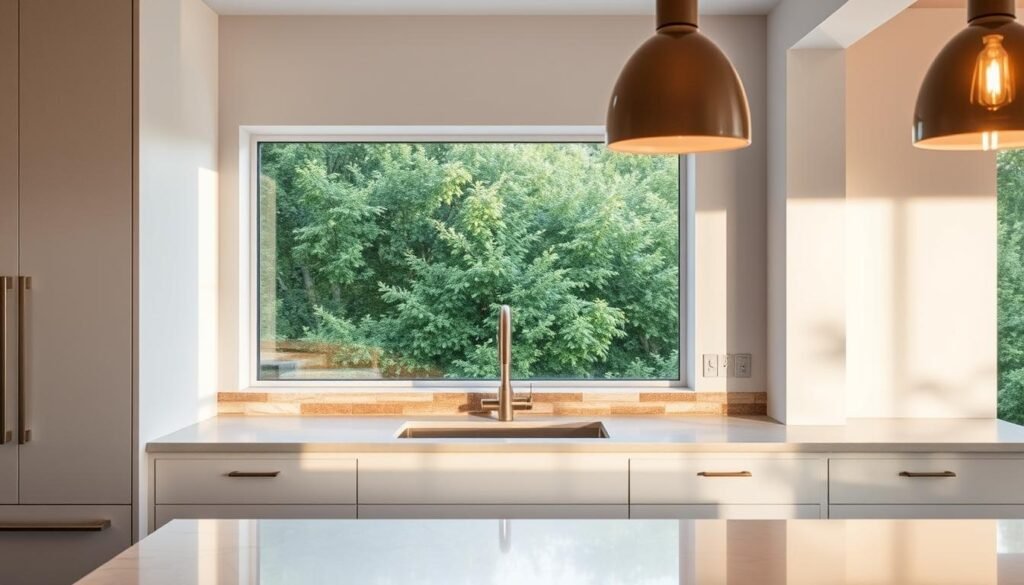 A bright, airy kitchen interior with a focal point on a beautiful, sustainable backsplash. The backsplash features a mosaic of reclaimed materials - weathered wood planks, textured ceramic tiles, and smooth river stones, all in a harmonious color palette of natural earthy tones. Warm, diffused lighting illuminates the space, casting gentle shadows and highlighting the unique textures of the backsplash. The kitchen countertops are made of a sleek, durable quartz material that complements the rustic backsplash. In the background, a window with a lush, verdant view creates a sense of connection to the outdoors, emphasizing the sustainable and eco-friendly nature of the design. A bright, airy kitchen interior with a focal point on a beautiful, sustainable backsplash. The backsplash features a mosaic of reclaimed materials - weathered wood planks, textured ceramic tiles, and smooth river stones, all in a harmonious color palette of natural earthy tones. Warm, diffused lighting illuminates the space, casting gentle shadows and highlighting the unique textures of the backsplash. The kitchen countertops are made of a sleek, durable quartz material that complements the rustic backsplash. In the background, a window with a lush, verdant view creates a sense of connection to the outdoors, emphasizing the sustainable and eco-friendly nature of the design.