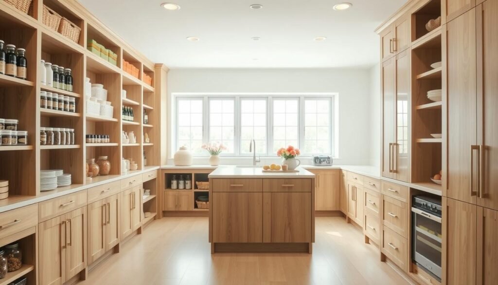 A bright, airy kitchen pantry with a multifunctional layout. The foreground features custom shelving and cabinetry in a warm, natural wood tone, perfectly organized with labeled jars, baskets, and spice racks. The middle ground showcases a central island with integrated counter space and drawers, providing ample prep and storage areas. In the background, large windows flood the space with soft, diffused natural light, creating a welcoming and efficient environment. The overall mood is one of calm, productivity, and seamless integration of form and function. A bright, airy kitchen pantry with a multifunctional layout. The foreground features custom shelving and cabinetry in a warm, natural wood tone, perfectly organized with labeled jars, baskets, and spice racks. The middle ground showcases a central island with integrated counter space and drawers, providing ample prep and storage areas. In the background, large windows flood the space with soft, diffused natural light, creating a welcoming and efficient environment. The overall mood is one of calm, productivity, and seamless integration of form and function.