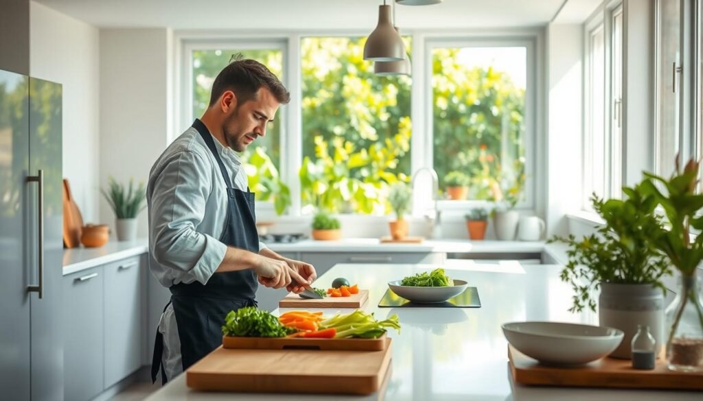 A bright, airy kitchen with natural light filtering in through large windows. In the foreground, a chef skillfully prepares a meal, showcasing efficient cooking techniques like chopping vegetables with precision, measuring ingredients carefully, and utilizing energy-saving appliances. The middle ground features a minimalist, eco-friendly kitchen layout with sleek, sustainable countertops and storage solutions. In the background, a lush, verdant garden can be seen through the windows, emphasizing the connection between the kitchen and the natural world. The scene exudes a sense of calm, order, and environmental consciousness, capturing the essence of sustainable cooking practices. A bright, airy kitchen with natural light filtering in through large windows. In the foreground, a chef skillfully prepares a meal, showcasing efficient cooking techniques like chopping vegetables with precision, measuring ingredients carefully, and utilizing energy-saving appliances. The middle ground features a minimalist, eco-friendly kitchen layout with sleek, sustainable countertops and storage solutions. In the background, a lush, verdant garden can be seen through the windows, emphasizing the connection between the kitchen and the natural world. The scene exudes a sense of calm, order, and environmental consciousness, capturing the essence of sustainable cooking practices.