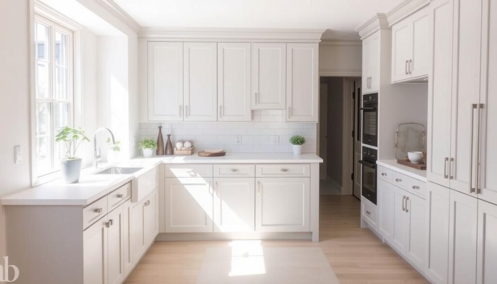 A bright, airy kitchen with newly painted cabinets in a soft, muted gray. The cabinets have a smooth, even finish, creating a cohesive and polished look. The room is bathed in natural light, highlighting the clean lines and simple elegance of the space. A few carefully chosen decor items, such as potted plants and a rustic wooden cutting board, add pops of color and texture. The overall impression is one of a cost-effective, yet luxurious kitchen refresh that is both functional and visually appealing. A bright, airy kitchen with newly painted cabinets in a soft, muted gray. The cabinets have a smooth, even finish, creating a cohesive and polished look. The room is bathed in natural light, highlighting the clean lines and simple elegance of the space. A few carefully chosen decor items, such as potted plants and a rustic wooden cutting board, add pops of color and texture. The overall impression is one of a cost-effective, yet luxurious kitchen refresh that is both functional and visually appealing.