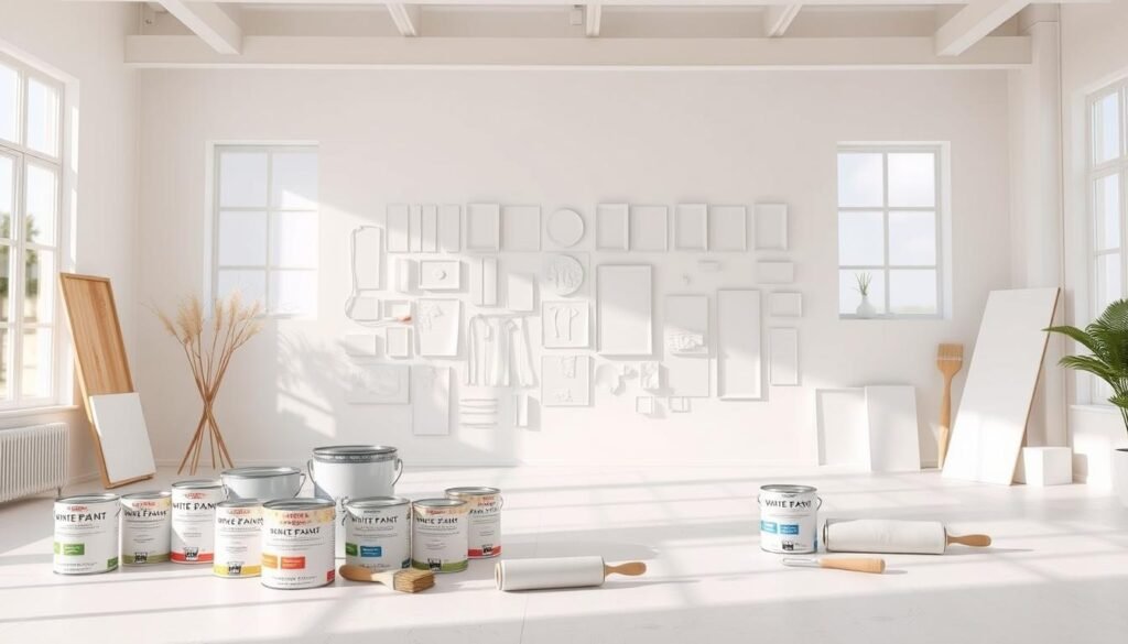 A bright, airy room showcasing an array of white paint samples for different wall applications. In the foreground, various paint cans, rollers, and brushes are neatly arranged, highlighting the textures and finishes of the white paints. The middle ground features a clean, minimalist wall display with carefully curated white paint swatches, arranged by tone and undertone. The background offers a neutral, well-lit studio setting, with soft, diffused lighting from large windows, allowing the white paints to shine. The overall composition conveys a sense of harmony, highlighting the versatility of white paint in creating the perfect ambiance for any room. A bright, airy room showcasing an array of white paint samples for different wall applications. In the foreground, various paint cans, rollers, and brushes are neatly arranged, highlighting the textures and finishes of the white paints. The middle ground features a clean, minimalist wall display with carefully curated white paint swatches, arranged by tone and undertone. The background offers a neutral, well-lit studio setting, with soft, diffused lighting from large windows, allowing the white paints to shine. The overall composition conveys a sense of harmony, highlighting the versatility of white paint in creating the perfect ambiance for any room.