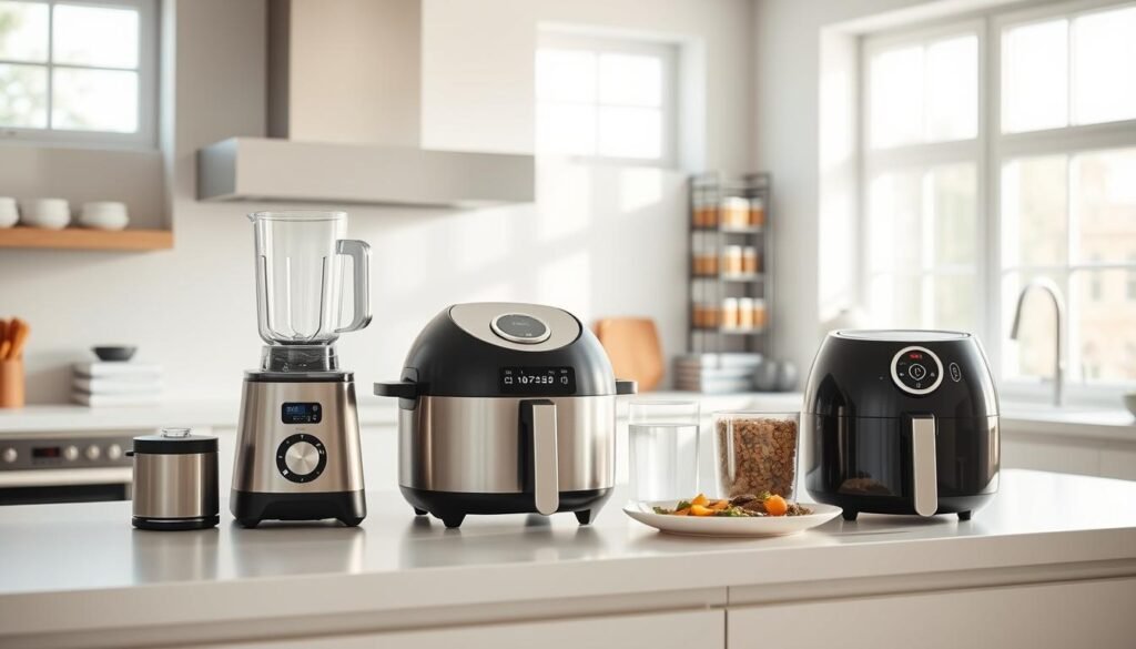 A bright and airy kitchen setting, illuminated by soft, natural lighting from large windows. On the countertop, an array of modern, sleek supplemental appliances takes center stage - a high-tech blender, a precision sous vide cooker, and a compact air fryer. The appliances are strategically arranged, their clean lines and brushed metal finishes complementing the minimalist aesthetic of the kitchen. In the background, a freestanding spice rack and a selection of gourmet cookbooks suggest a passion for culinary exploration and innovation. The overall mood is one of efficiency, functionality, and a celebration of the latest advancements in kitchen technology. A bright and airy kitchen setting, illuminated by soft, natural lighting from large windows. On the countertop, an array of modern, sleek supplemental appliances takes center stage - a high-tech blender, a precision sous vide cooker, and a compact air fryer. The appliances are strategically arranged, their clean lines and brushed metal finishes complementing the minimalist aesthetic of the kitchen. In the background, a freestanding spice rack and a selection of gourmet cookbooks suggest a passion for culinary exploration and innovation. The overall mood is one of efficiency, functionality, and a celebration of the latest advancements in kitchen technology.