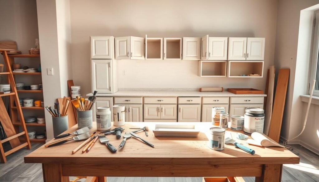 A bright, well-lit DIY cabinet painting workspace with a sturdy wooden workbench in the foreground. On the bench, various painting tools and supplies are neatly arranged, including paintbrushes, rollers, trays, and a collection of paint cans in a range of neutral tones. In the middle ground, a set of kitchen cabinets stands ready to be painted, their doors and drawers propped open. The background features a neutral-colored wall, with natural light streaming in through a large window, casting a warm, inviting glow over the entire scene. The overall atmosphere conveys a sense of organization, productivity, and the satisfying feeling of a successful DIY project. A bright, well-lit DIY cabinet painting workspace with a sturdy wooden workbench in the foreground. On the bench, various painting tools and supplies are neatly arranged, including paintbrushes, rollers, trays, and a collection of paint cans in a range of neutral tones. In the middle ground, a set of kitchen cabinets stands ready to be painted, their doors and drawers propped open. The background features a neutral-colored wall, with natural light streaming in through a large window, casting a warm, inviting glow over the entire scene. The overall atmosphere conveys a sense of organization, productivity, and the satisfying feeling of a successful DIY project.