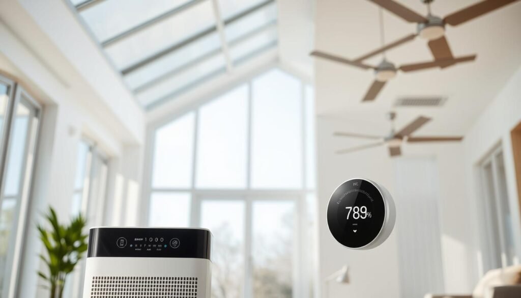 A bright, well-lit interior showcasing the latest smart home technology designed to enhance indoor air quality. In the foreground, a sleek, minimalist air purifier with digital display and touch controls, its HEPA filter actively cleaning the air. In the middle ground, a smart thermostat with environmental sensors, seamlessly controlling temperature, humidity, and ventilation. The background features large windows allowing natural light to flood the space, while discreet ceiling-mounted air vents and smart ceiling fans maintain a steady, comfortable airflow. The overall mood is one of modern, technology-driven wellness, creating a healthy, rejuvenating indoor environment.