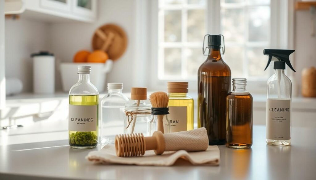 A bright, well-lit kitchen counter showcases an assortment of eco-friendly cleaning products. In the foreground, a variety of glass bottles and jars filled with natural, plant-based cleaning solutions sit neatly arranged. The middle ground features a bamboo scrub brush, a reusable cloth, and a beeswax wrap, all sustainable alternatives to single-use plastics. The background has a window with sunlight streaming in, casting a warm, natural glow over the scene. The overall atmosphere is one of simplicity, mindfulness, and a commitment to a more sustainable, zero-waste lifestyle. A bright, well-lit kitchen counter showcases an assortment of eco-friendly cleaning products. In the foreground, a variety of glass bottles and jars filled with natural, plant-based cleaning solutions sit neatly arranged. The middle ground features a bamboo scrub brush, a reusable cloth, and a beeswax wrap, all sustainable alternatives to single-use plastics. The background has a window with sunlight streaming in, casting a warm, natural glow over the scene. The overall atmosphere is one of simplicity, mindfulness, and a commitment to a more sustainable, zero-waste lifestyle.