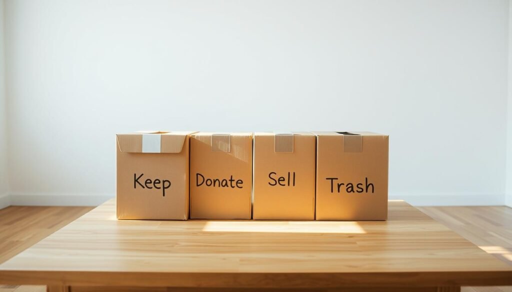A bright, well-lit room with a wooden table in the center. On the table, four cardboard boxes are arranged in a square formation, each with a distinct label - "Keep", "Donate", "Sell", and "Trash". The boxes are cast in soft, natural lighting, creating subtle shadows that accentuate their simple, utilitarian design. The background is a clean, minimalist space, allowing the four-box arrangement to be the focal point. The overall atmosphere is one of organization, efficiency, and a sense of control over one's surroundings. A bright, well-lit room with a wooden table in the center. On the table, four cardboard boxes are arranged in a square formation, each with a distinct label - "Keep", "Donate", "Sell", and "Trash". The boxes are cast in soft, natural lighting, creating subtle shadows that accentuate their simple, utilitarian design. The background is a clean, minimalist space, allowing the four-box arrangement to be the focal point. The overall atmosphere is one of organization, efficiency, and a sense of control over one's surroundings.