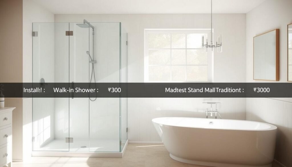 A brightly lit bathroom interior with a walk-in shower and a traditional bathtub side by side, their installation and maintenance costs clearly displayed on a sleek, minimalist information panel. The scene is captured from a slightly elevated angle, showcasing the comparative layout and design elements. Soft, natural lighting filters in, highlighting the contrasting textures and materials of the fixtures. The overall atmosphere is one of informative clarity, allowing the viewer to easily assess the cost implications of each bathroom option.