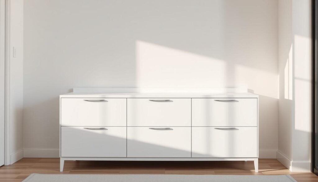 A clean, minimalist bedroom with a clutter-free storage solution. A sleek, white dresser with simple, streamlined drawers takes center stage, its surfaces neatly organized and free of clutter. The dresser is bathed in soft, diffused lighting, casting gentle shadows that accentuate its clean lines. In the background, a neutral-toned wall provides a serene, uncluttered backdrop, allowing the storage solution to be the focal point. The overall atmosphere conveys a sense of tranquility and order, reflecting the ethos of a minimalist, decluttered space.