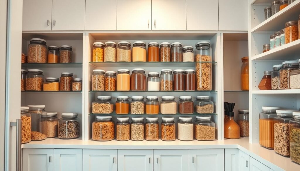 A clean, well-lit kitchen with sleek, transparent glass jars and containers neatly lining the shelves of a pristine white pantry. The containers are filled with an array of dried goods, cereals, and spices, their contents clearly visible. The lighting is soft and natural, casting a warm glow that highlights the textures and colors of the organized items. The camera angle is slightly elevated, providing a birds-eye view of the tidy, efficient pantry space. The overall mood is one of calm, order, and a sense of control over the household essentials. A clean, well-lit kitchen with sleek, transparent glass jars and containers neatly lining the shelves of a pristine white pantry. The containers are filled with an array of dried goods, cereals, and spices, their contents clearly visible. The lighting is soft and natural, casting a warm glow that highlights the textures and colors of the organized items. The camera angle is slightly elevated, providing a birds-eye view of the tidy, efficient pantry space. The overall mood is one of calm, order, and a sense of control over the household essentials.