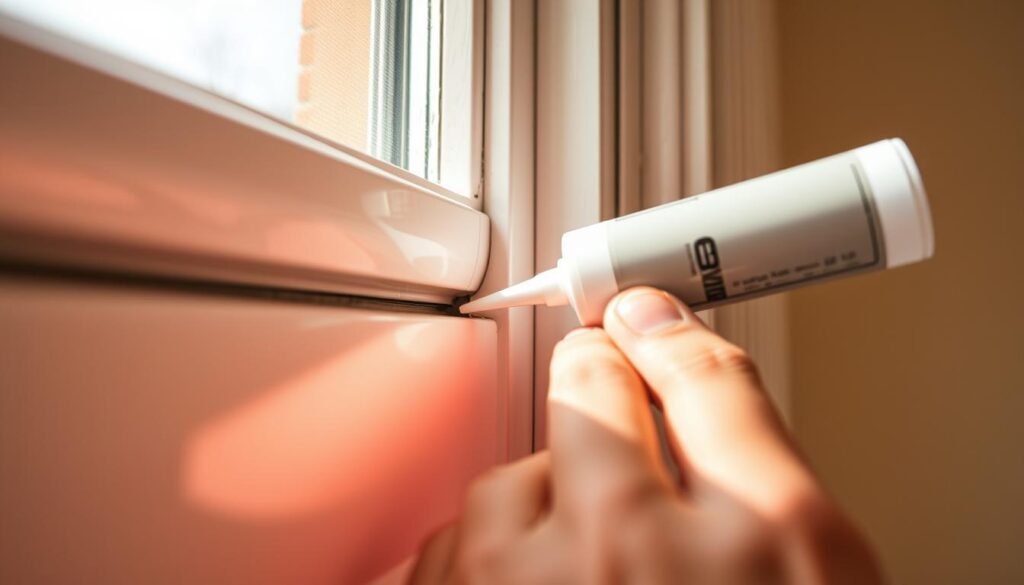 A close-up view of a hand carefully applying sealant caulk into the gaps and crevices around a window frame, creating an effective soundproofing barrier. The caulk smoothly fills the spaces, forming a seamless, airtight seal. The surrounding environment is clean and well-lit, with warm, natural lighting illuminating the task at hand. The focus is on the intricate process of sealing these gaps, showcasing the importance of this simple yet crucial step in reducing unwanted noise and creating a more peaceful, tranquil living space. A close-up view of a hand carefully applying sealant caulk into the gaps and crevices around a window frame, creating an effective soundproofing barrier. The caulk smoothly fills the spaces, forming a seamless, airtight seal. The surrounding environment is clean and well-lit, with warm, natural lighting illuminating the task at hand. The focus is on the intricate process of sealing these gaps, showcasing the importance of this simple yet crucial step in reducing unwanted noise and creating a more peaceful, tranquil living space.