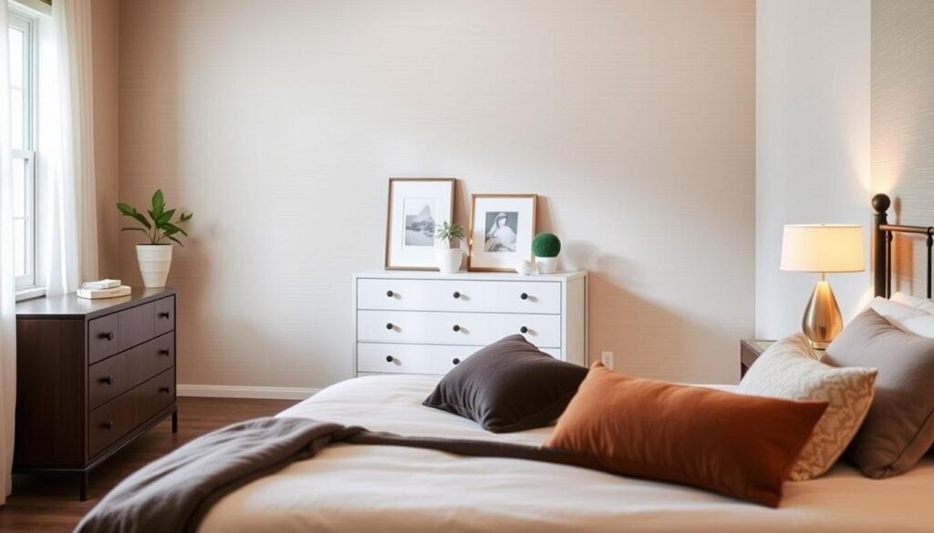 A cozy and inviting bedroom scene showcasing affordable decor ideas. In the foreground, a simple yet stylish bedframe with soft bedding and accent pillows in muted colors. On the side table, a minimalist table lamp casts a warm glow. In the middle ground, a dresser with sleek hardware and a few decorative items like a potted plant and framed artwork. The background features a neutral-toned accent wall with subtle textural details, complemented by ethereal window light filtering in. The overall atmosphere is one of understated elegance and comfort, capturing the essence of the "Bedroom: Splurge on Sleep, Save on Decor" section.