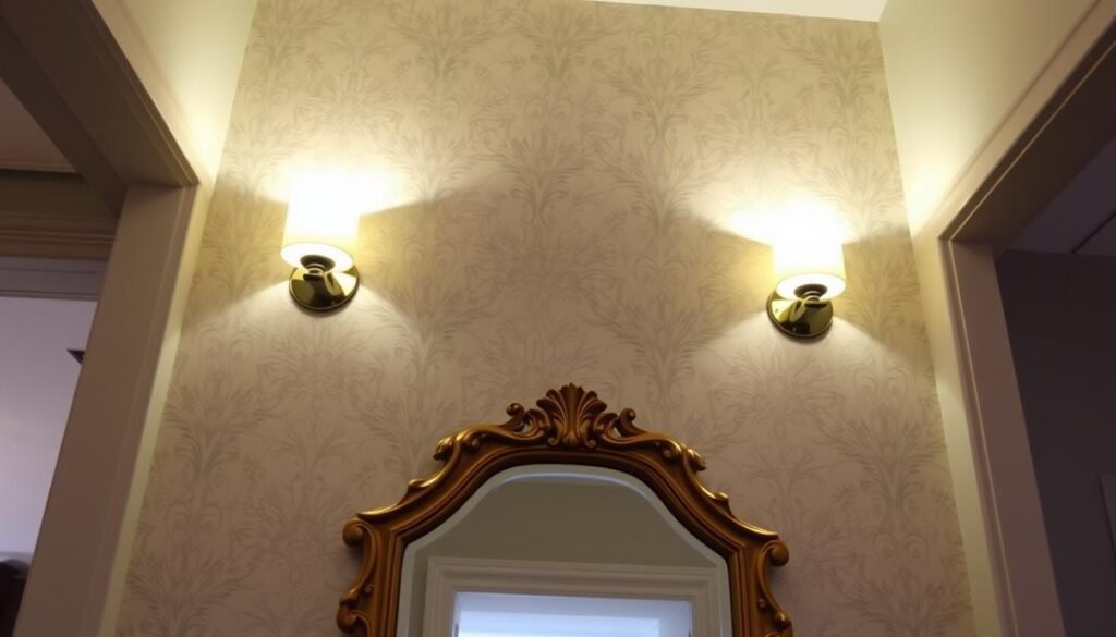 A cozy and inviting entryway with a striking wallpaper feature wall in a delicate floral pattern, illuminated by a pair of modern, adjustable sconces casting a warm, ambient glow. In the foreground, a decorative mirror with an ornate golden frame reflects the light, creating a sense of depth and visual interest. The overall atmosphere is one of refined elegance and attention to detail, setting the stage for a welcoming first impression.