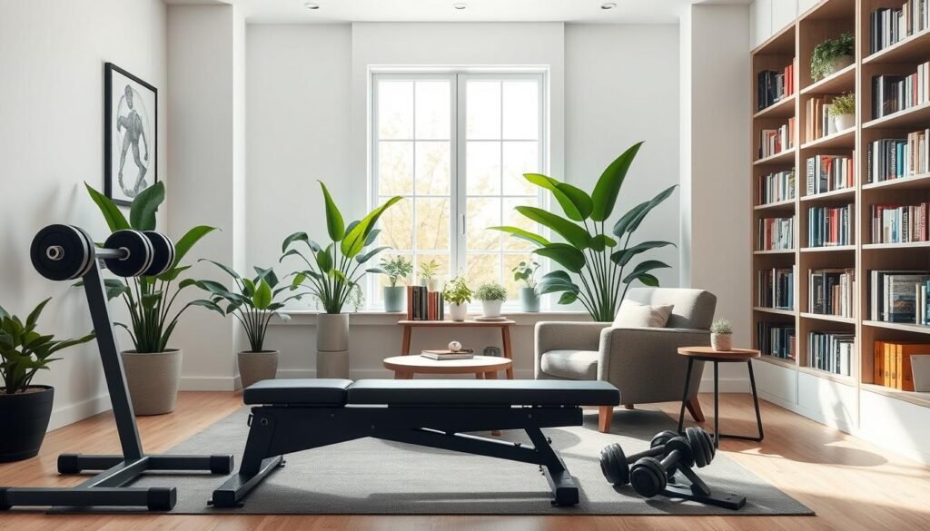 A cozy and inviting gym and reading nook combo in a bright, airy room. In the foreground, a sleek weight bench and free weights sit next to a plush armchair and side table, creating a harmonious fitness and relaxation space. In the middle, a large window floods the area with natural light, illuminating the bookshelves lining the walls, filled with a variety of titles. The background features lush, verdant plants and modern, minimalist decor, evoking a sense of balance and tranquility. The overall atmosphere is one of calm productivity, where physical and mental wellness seamlessly intertwine.