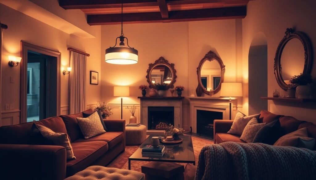 A cozy and inviting living room bathed in warm, ambient lighting. A central pendant light casts a soft, diffused glow, complemented by subtle wall sconces and a floor lamp in the corner. Plush, textured furnishings like a velvet sofa and a chunky knit throw create a comfortable, layered aesthetic. Reflective surfaces like a glass-topped coffee table and a gilded mirror above the fireplace add depth and a touch of elegance. The overall atmosphere is one of relaxation and sophistication, inviting the viewer to sink into the serene, inviting space. A cozy and inviting living room bathed in warm, ambient lighting. A central pendant light casts a soft, diffused glow, complemented by subtle wall sconces and a floor lamp in the corner. Plush, textured furnishings like a velvet sofa and a chunky knit throw create a comfortable, layered aesthetic. Reflective surfaces like a glass-topped coffee table and a gilded mirror above the fireplace add depth and a touch of elegance. The overall atmosphere is one of relaxation and sophistication, inviting the viewer to sink into the serene, inviting space.
