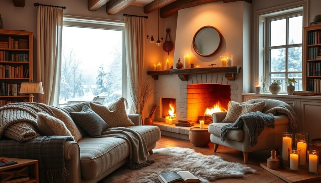 A cozy and inviting living room scene with a warm fireplace as the focal point. Soft, textured throws and pillows adorn a plush, neutral-toned sofa, creating a comfortable, hygge-inspired atmosphere. Flickering candlelight casts a gentle glow, while a large window overlooks a snowy winter landscape outside. Bookshelves filled with vintage volumes flank the fireplace, and a fur rug adds a touch of rustic elegance. The room is illuminated by a combination of natural light filtering through the window and the warm, ambient lighting of the fireplace and candles, resulting in a serene and tranquil setting perfect for relaxing on a cold winter day. A cozy and inviting living room scene with a warm fireplace as the focal point. Soft, textured throws and pillows adorn a plush, neutral-toned sofa, creating a comfortable, hygge-inspired atmosphere. Flickering candlelight casts a gentle glow, while a large window overlooks a snowy winter landscape outside. Bookshelves filled with vintage volumes flank the fireplace, and a fur rug adds a touch of rustic elegance. The room is illuminated by a combination of natural light filtering through the window and the warm, ambient lighting of the fireplace and candles, resulting in a serene and tranquil setting perfect for relaxing on a cold winter day.