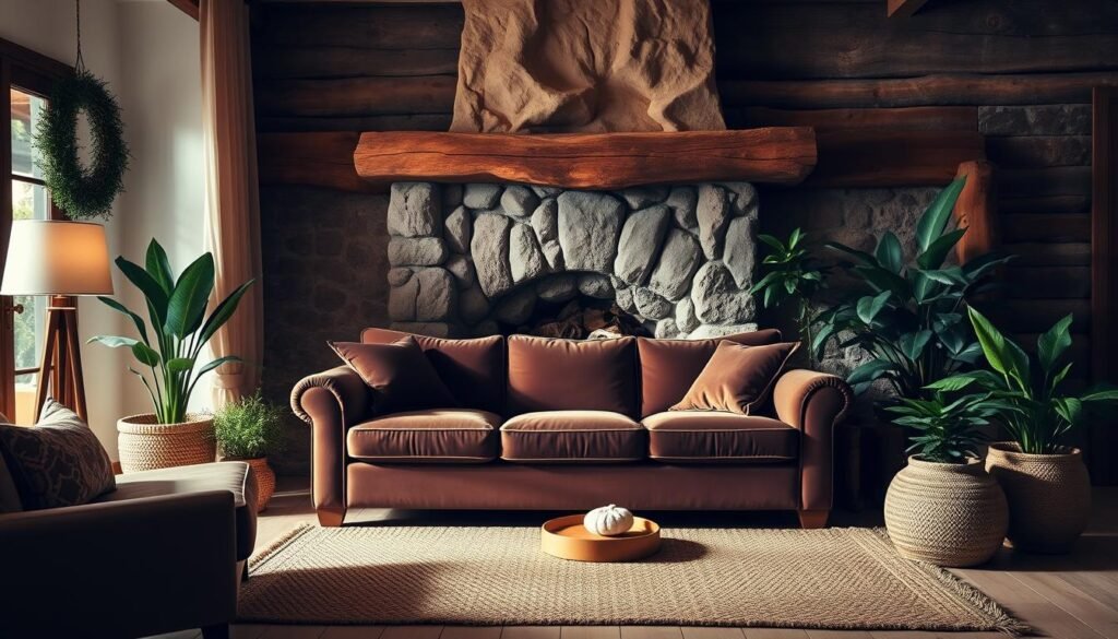 A cozy and inviting living room with a plush, chocolate brown velvet sofa nestled in front of a rustic, natural wood fireplace mantel. Soft, indirect lighting casts a warm glow, accentuating the rich, earthy tones of the furniture and décor. Lush, potted plants and a hand-woven rug in complementary shades add to the serene, nature-inspired ambiance. The scene is captured with a wide-angle lens, creating a sense of depth and balance within the frame. A cozy and inviting living room with a plush, chocolate brown velvet sofa nestled in front of a rustic, natural wood fireplace mantel. Soft, indirect lighting casts a warm glow, accentuating the rich, earthy tones of the furniture and décor. Lush, potted plants and a hand-woven rug in complementary shades add to the serene, nature-inspired ambiance. The scene is captured with a wide-angle lens, creating a sense of depth and balance within the frame.