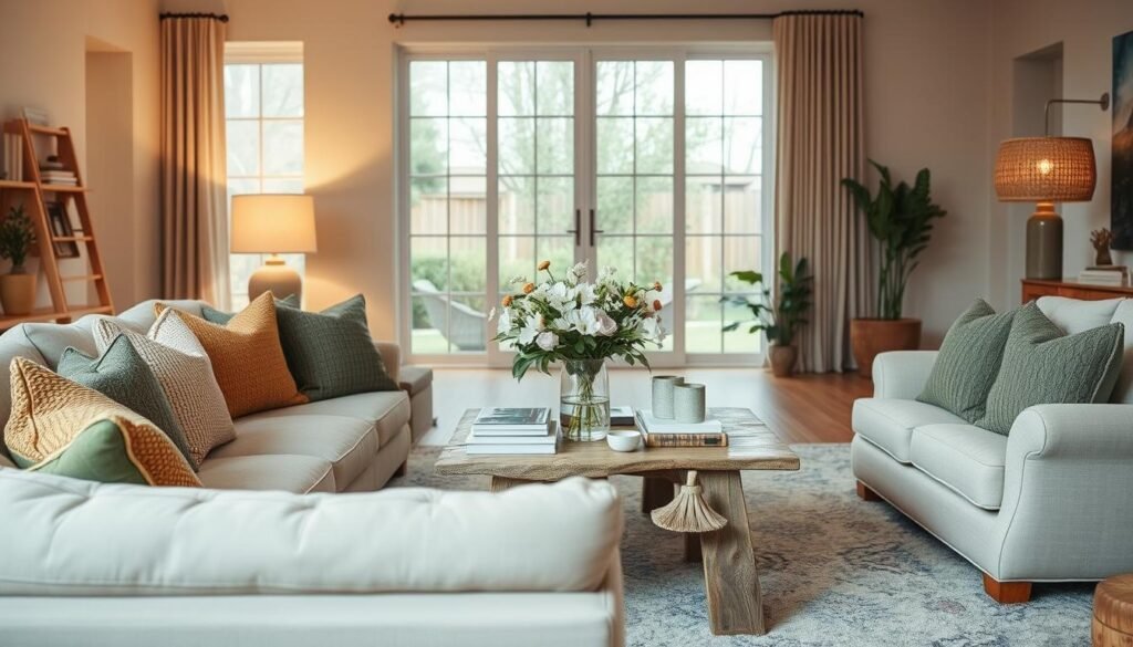 A cozy and inviting living room with affordable yet stylish accents. In the foreground, a plush, oversized sofa in a neutral tone serves as the focal point, surrounded by a mix of textured throw pillows in muted shades of green and ochre. On the middle ground, a rustic wooden coffee table anchors the space, topped with a simple vase of fresh flowers and a stack of decorative books. In the background, a large, floor-to-ceiling window allows for ample natural light, complemented by the warm glow of a table lamp with a woven shade. The overall atmosphere is one of relaxation and comfort, with a touch of effortless elegance.