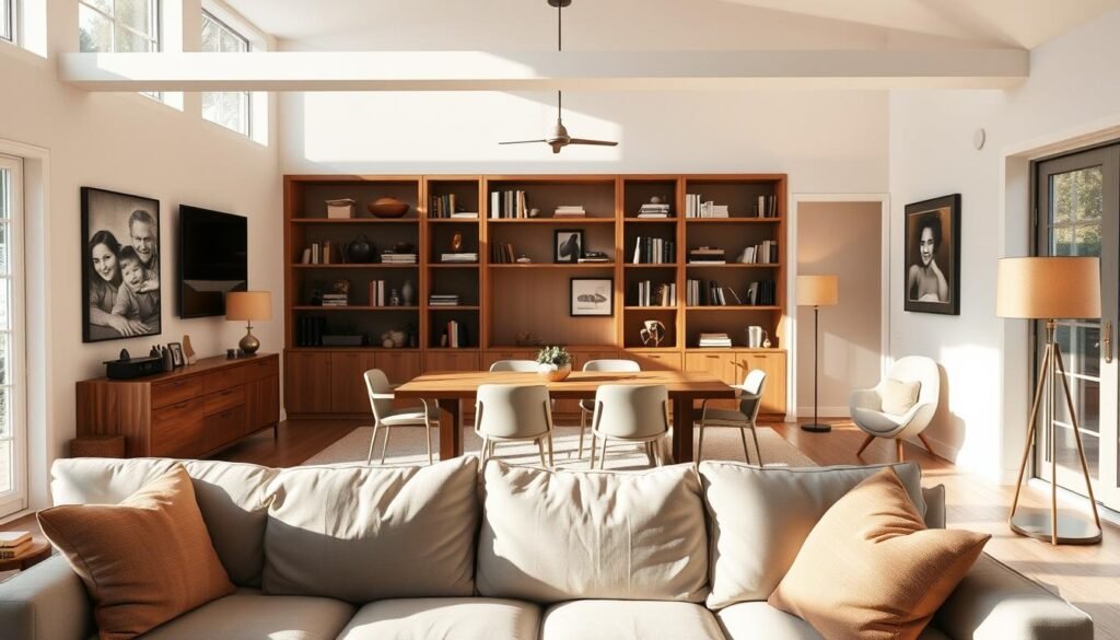 A cozy and inviting multipurpose room with natural light streaming through large windows. In the foreground, a comfortable sofa and armchair arrangement in neutral tones, perfect for relaxation or conversation. The middle ground features a wooden table that can double as a workspace or dining area, complemented by sleek, minimalist chairs. In the background, built-in shelving units showcase personal decor and books, creating a sense of warmth and functionality. The overall atmosphere is one of versatility, with the room effortlessly transitioning between different uses, catering to the evolving needs of the homeowner. Warm, diffused lighting from overhead fixtures and floor lamps adds to the inviting ambiance.