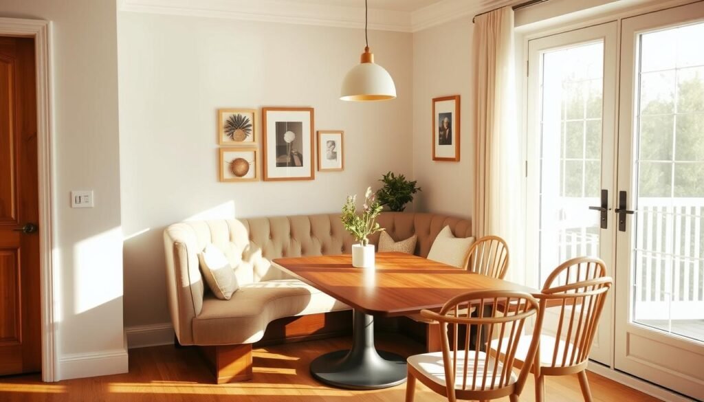 A cozy and space-efficient corner banquette nestled in a bright and airy dining room. The banquette features a plush, tufted bench upholstered in a neutral tone, complemented by a wooden table and matching chairs. Warm, natural lighting streams in through large windows, casting a soft glow on the scene. The background showcases minimalist wall decor and a potted plant, creating a harmonious and inviting atmosphere. The camera angle emphasizes the space-saving design of the banquette, highlighting its strategic placement in the corner to maximize the room's footprint.
