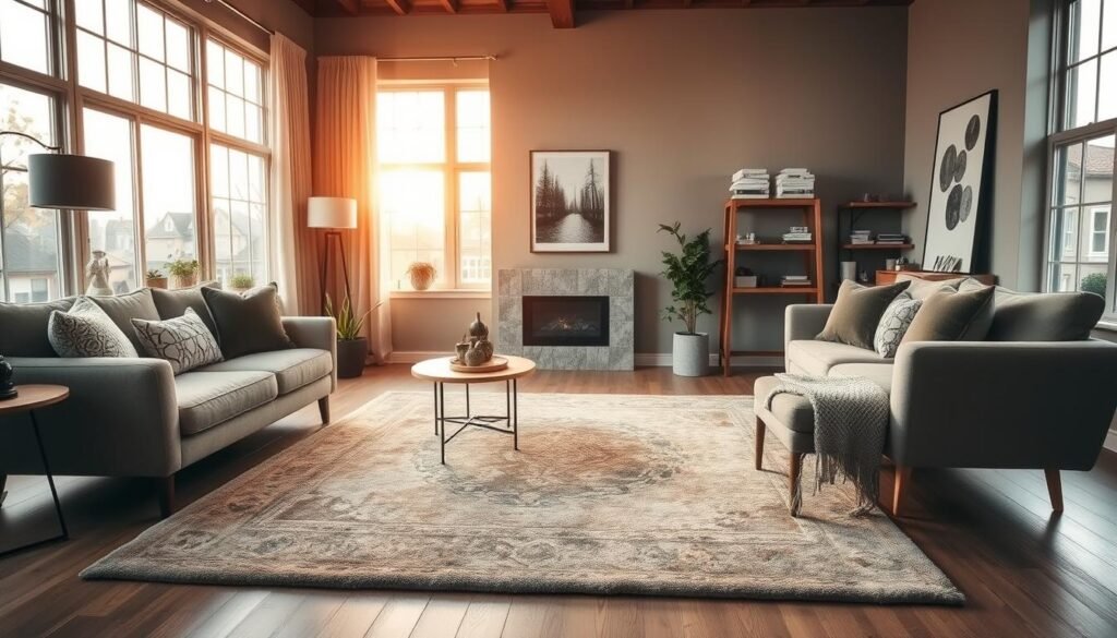 A cozy and well-appointed living room with a tastefully placed area rug. The rug is positioned in the center of the room, its soft, plush texture inviting visitors to sink in and relax. The rug's pattern is a mix of muted earth tones, complementing the neutral color palette of the furniture and walls. Warm, natural lighting filters in through large windows, casting a gentle glow over the scene. The room is furnished with comfortable, modern pieces, creating a harmonious and inviting atmosphere. The rug's size is proportional to the room, filling the space without overpowering it, ensuring a cohesive and balanced design. A cozy and well-appointed living room with a tastefully placed area rug. The rug is positioned in the center of the room, its soft, plush texture inviting visitors to sink in and relax. The rug's pattern is a mix of muted earth tones, complementing the neutral color palette of the furniture and walls. Warm, natural lighting filters in through large windows, casting a gentle glow over the scene. The room is furnished with comfortable, modern pieces, creating a harmonious and inviting atmosphere. The rug's size is proportional to the room, filling the space without overpowering it, ensuring a cohesive and balanced design.