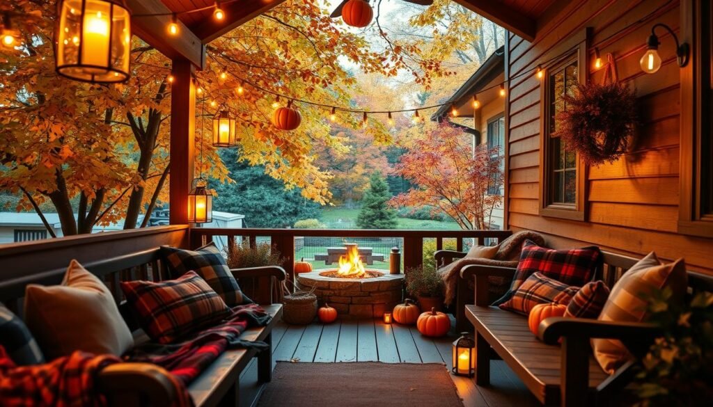 A cozy autumn porch, bathed in the warm glow of lanterns and string lights. Plush cushions on wooden benches, with plaid throws and pumpkin accents. Overhead, a canopy of vibrant foliage casts a soft, dappled light. In the distance, a crackling firepit adds to the inviting ambiance. The scene is framed by a wide-angle lens, capturing the intimate details and the inviting atmosphere. This is a peaceful, autumnal haven, perfect for relaxing on cool fall evenings.
