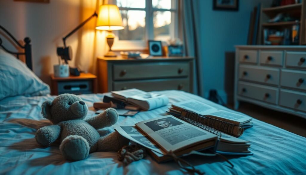 A cozy bedroom scene, the warm glow of a desk lamp illuminating a decluttering challenge. In the foreground, sentimental items like an old teddy bear, faded photographs, and a childhood journal lie on a bed, their owners contemplating which to keep and which to let go. The middle ground features a neatly organized nightstand and dresser, a reflection of the progress made. The background showcases a window overlooking a serene outdoor scene, a calming influence amidst the emotional task at hand. The overall mood is one of thoughtful introspection, as the subject navigates the balance between cherished memories and the freedom of a decluttered space. A cozy bedroom scene, the warm glow of a desk lamp illuminating a decluttering challenge. In the foreground, sentimental items like an old teddy bear, faded photographs, and a childhood journal lie on a bed, their owners contemplating which to keep and which to let go. The middle ground features a neatly organized nightstand and dresser, a reflection of the progress made. The background showcases a window overlooking a serene outdoor scene, a calming influence amidst the emotional task at hand. The overall mood is one of thoughtful introspection, as the subject navigates the balance between cherished memories and the freedom of a decluttered space.