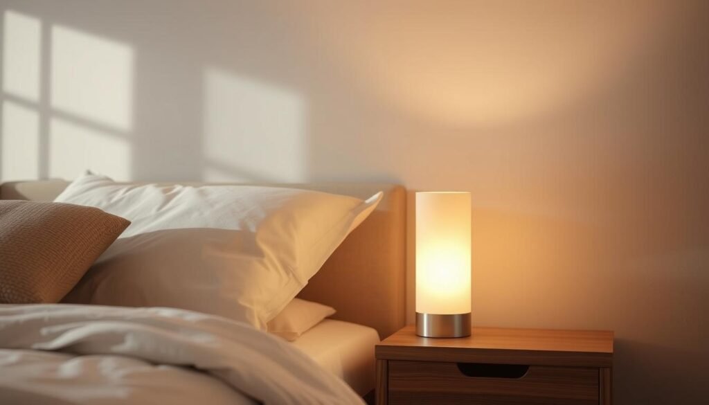 A cozy bedroom with a modern bedside lamp design, providing a warm, inviting glow. The lamp has a minimalist, cylindrical shape with a soft, diffused light emanating from a translucent shade. Positioned on a sleek, wooden nightstand, the lamp casts a gentle illumination across the room, creating a tranquil, relaxing atmosphere. The bedroom features neutral tones, plush bedding, and subtle textures, complementing the simple, yet elegant lighting solution. The overall scene evokes a sense of comfort and relaxation, setting the perfect mood for a restful night's sleep. A cozy bedroom with a modern bedside lamp design, providing a warm, inviting glow. The lamp has a minimalist, cylindrical shape with a soft, diffused light emanating from a translucent shade. Positioned on a sleek, wooden nightstand, the lamp casts a gentle illumination across the room, creating a tranquil, relaxing atmosphere. The bedroom features neutral tones, plush bedding, and subtle textures, complementing the simple, yet elegant lighting solution. The overall scene evokes a sense of comfort and relaxation, setting the perfect mood for a restful night's sleep.
