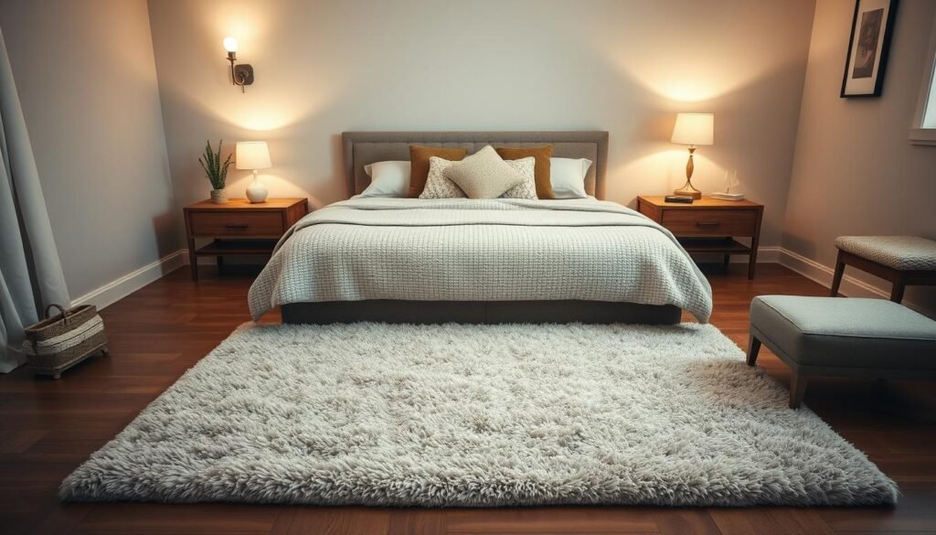 A cozy bedroom with a plush, rectangular rug placed centrally under the bed. The rug's soft, neutral tones complement the warm, inviting ambiance of the space. Indirect lighting from wall sconces and a bedside lamp create a gentle, soothing glow, highlighting the rug's texture and seamlessly integrating it with the room's decor. The camera angle captures the rug's proportions in relation to the bed and surrounding furniture, providing a clear visualization of effective bedroom rug placement. A cozy bedroom with a plush, rectangular rug placed centrally under the bed. The rug's soft, neutral tones complement the warm, inviting ambiance of the space. Indirect lighting from wall sconces and a bedside lamp create a gentle, soothing glow, highlighting the rug's texture and seamlessly integrating it with the room's decor. The camera angle captures the rug's proportions in relation to the bed and surrounding furniture, providing a clear visualization of effective bedroom rug placement.