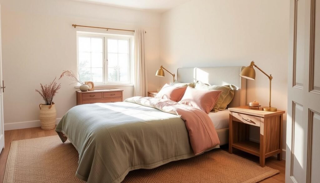 A cozy bedroom with a warm, inviting color palette. A soft, muted base of creamy white walls, accented by textured linen bedding in shades of sage green and dusty rose. Thoughtful details like a plush area rug in earthy tones, natural wood nightstands, and burnished brass table lamps create a harmonious and soothing atmosphere. Gentle, diffused lighting from a large window casts a glowing ambiance, lending an air of tranquility. The overall aesthetic evokes a sense of relaxation and comfort, perfect for a restful guest retreat. A cozy bedroom with a warm, inviting color palette. A soft, muted base of creamy white walls, accented by textured linen bedding in shades of sage green and dusty rose. Thoughtful details like a plush area rug in earthy tones, natural wood nightstands, and burnished brass table lamps create a harmonious and soothing atmosphere. Gentle, diffused lighting from a large window casts a glowing ambiance, lending an air of tranquility. The overall aesthetic evokes a sense of relaxation and comfort, perfect for a restful guest retreat.
