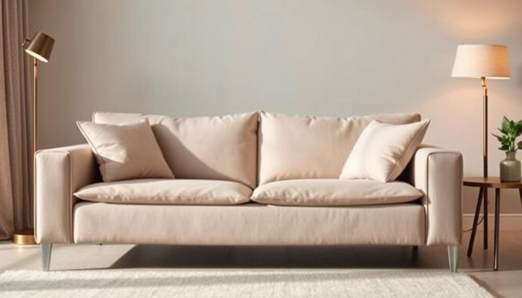 A cozy, budget-friendly pet-proof sofa in a modern minimalist living room. The sofa features durable, stain-resistant upholstery in a neutral tone, complemented by sleek, clean-lined design. Soft, plush cushions offer comfortable seating, while the sturdy frame and low profile make it an ideal choice for homes with curious cats or dogs. Warm, diffused lighting from a floor lamp casts a welcoming glow, and a small side table with a potted plant adds a touch of greenery. The overall atmosphere is one of relaxed, fuss-free style that can withstand the antics of furry companions.