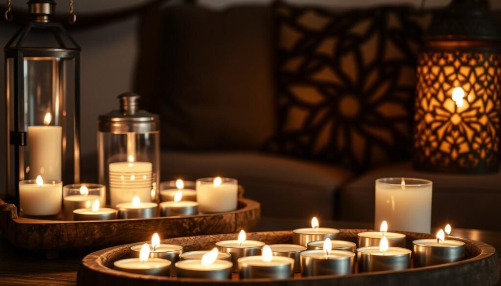 A cozy coffee table vignette featuring an array of candles and lanterns bathed in soft, warm lighting. In the foreground, an assortment of tealight candles in various sizes and shapes cast a flickering glow, their flames dancing atop a rustic wooden tray. In the middle ground, a pair of glass lanterns with metallic accents emit a gentle, ambient light, illuminating the scene. In the background, a larger decorative lantern with an intricate pattern casts intricate shadows, adding depth and dimension to the composition. The overall mood is one of relaxation and hygge, creating an inviting and welcoming atmosphere perfect for a cozy living room.