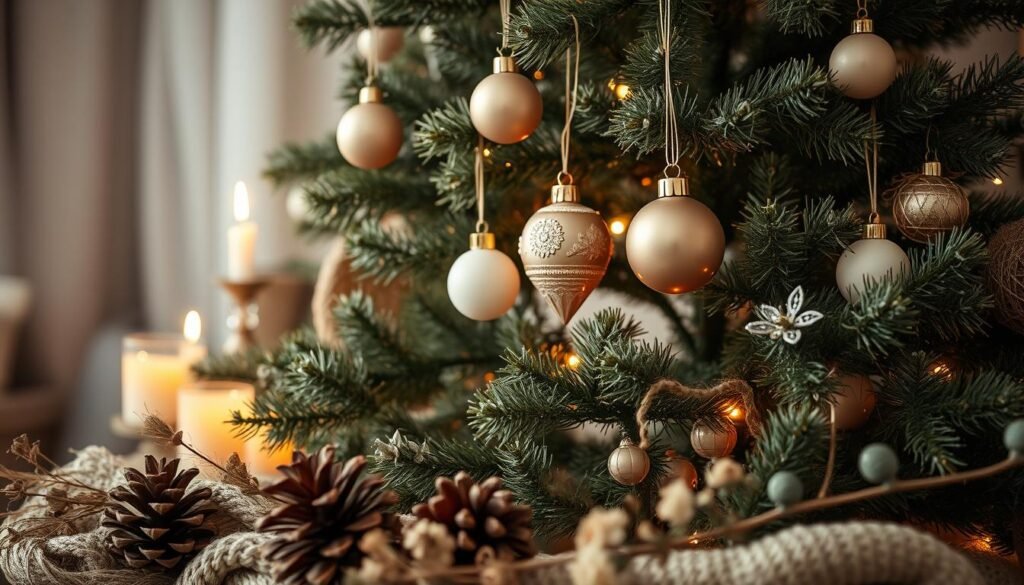 A cozy, earthy-toned Christmas tree adorned with a neutral palette of soft tones. Delicate glass ornaments in muted ivory, taupe, and sage hues hang from the lush evergreen boughs, creating a serene and inviting atmosphere. The tree is illuminated by the warm glow of candlelight, casting a gentle, flickering light across the scene. In the foreground, natural elements like pinecones, dried flowers, and woven textures add texture and depth. The background is softly blurred, focusing the viewer's attention on the elegant, understated beauty of the tree. Captured in a tight, close-up frame to emphasize the exquisite details. A cozy, earthy-toned Christmas tree adorned with a neutral palette of soft tones. Delicate glass ornaments in muted ivory, taupe, and sage hues hang from the lush evergreen boughs, creating a serene and inviting atmosphere. The tree is illuminated by the warm glow of candlelight, casting a gentle, flickering light across the scene. In the foreground, natural elements like pinecones, dried flowers, and woven textures add texture and depth. The background is softly blurred, focusing the viewer's attention on the elegant, understated beauty of the tree. Captured in a tight, close-up frame to emphasize the exquisite details.