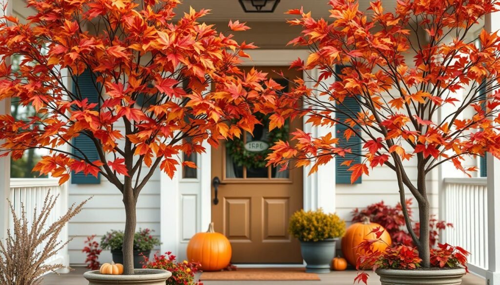 A cozy front porch adorned with a pair of faux trees, their branches meticulously crafted with vibrant autumn leaves in shades of crimson, gold, and amber. The trees stand tall, their textures blending seamlessly with the surrounding environment, creating a warm and inviting atmosphere. Soft, diffused lighting bathes the scene, casting gentle shadows and highlighting the intricate details of the leaves. The arrangement is framed by a wide-angle lens, capturing the depth and dimensionality of the scene, inviting the viewer to step into this autumnal oasis.