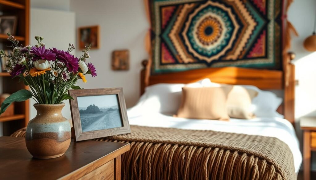 A cozy guest bedroom with personalized decor touches, showcasing locally sourced artisanal items. In the foreground, a handcrafted ceramic vase holds fresh flowers from a nearby farmer's market. On the nightstand, a wooden photo frame displays a scenic landscape photograph taken by a local artist. In the middle ground, a woven throw blanket in earthy tones adds warmth and texture, complementing the rustic wood bedframe. The background features a wall adorned with a vibrant tapestry, woven by a talented local weaver, casting a soft, diffused light throughout the space. An intimate, inviting atmosphere that celebrates the unique character of the local community. A cozy guest bedroom with personalized decor touches, showcasing locally sourced artisanal items. In the foreground, a handcrafted ceramic vase holds fresh flowers from a nearby farmer's market. On the nightstand, a wooden photo frame displays a scenic landscape photograph taken by a local artist. In the middle ground, a woven throw blanket in earthy tones adds warmth and texture, complementing the rustic wood bedframe. The background features a wall adorned with a vibrant tapestry, woven by a talented local weaver, casting a soft, diffused light throughout the space. An intimate, inviting atmosphere that celebrates the unique character of the local community.