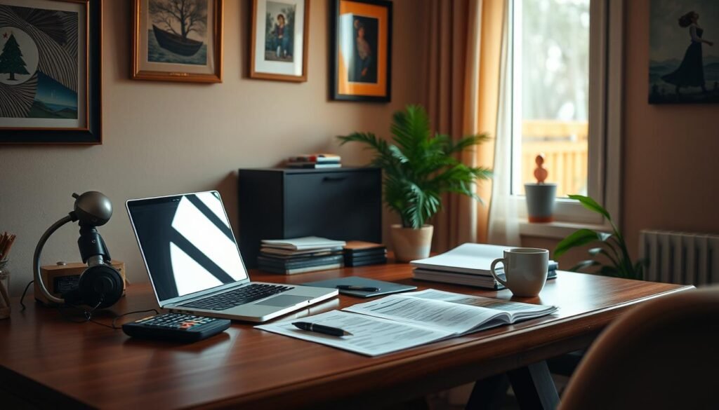 A cozy home office with a wooden desk, a laptop, and a stack of papers. On the desk, a pen, a calculator, and a mug of steaming coffee. The walls are adorned with warm-toned artwork, and a potted plant adds a touch of greenery. Soft, natural lighting filters in through a nearby window, casting a gentle glow over the scene. The atmosphere is one of focused productivity, as the person plans their guest list and budget for an upcoming holiday dinner party.