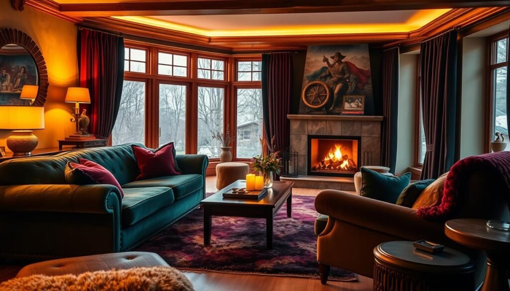 A cozy, inviting living room bathed in warm, golden light. Plush, velvet upholstery in rich, jewel-toned hues - emerald, burgundy, and sapphire - adorns a sumptuous sofa and armchairs. Luxurious textures of boucle, mohair, and chenille weave through the scene, creating a tactile, layered ambiance. Soft, sheepskin rugs and heavy, draped curtains add to the enveloping, cocoon-like atmosphere. Burnished, brass accents gleam, complementing the earthy tones of natural wood furniture. Flickering candlelight and a roaring fireplace cast a gentle, flickering glow, cultivating a sense of cozy contentment. A cozy, inviting living room bathed in warm, golden light. Plush, velvet upholstery in rich, jewel-toned hues - emerald, burgundy, and sapphire - adorns a sumptuous sofa and armchairs. Luxurious textures of boucle, mohair, and chenille weave through the scene, creating a tactile, layered ambiance. Soft, sheepskin rugs and heavy, draped curtains add to the enveloping, cocoon-like atmosphere. Burnished, brass accents gleam, complementing the earthy tones of natural wood furniture. Flickering candlelight and a roaring fireplace cast a gentle, flickering glow, cultivating a sense of cozy contentment.