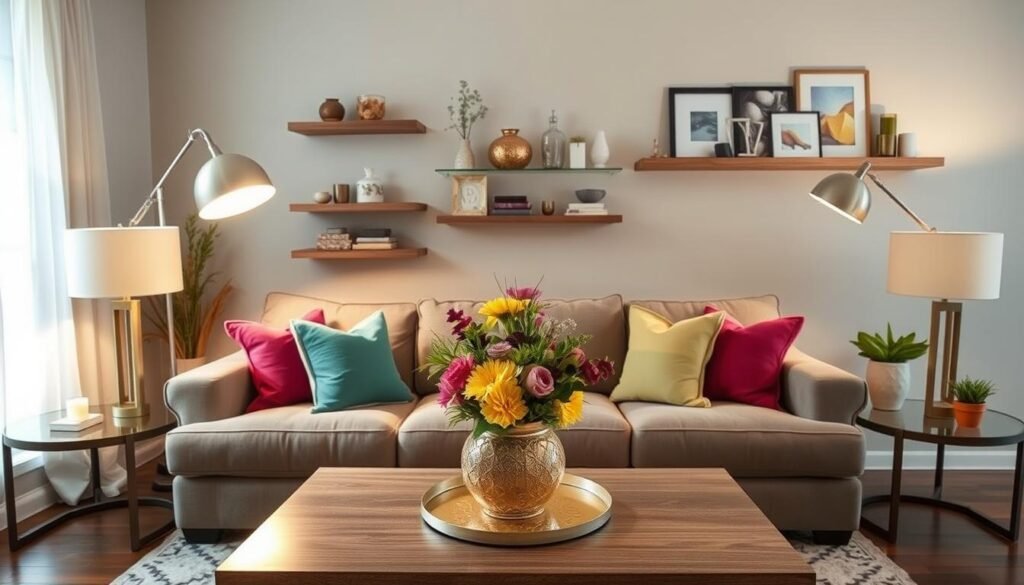 A cozy, inviting living room with a mix of budget-friendly and high-end decor elements. Warm lighting from a pair of modern table lamps illuminates a large, plush sofa adorned with vibrant throw pillows. On the coffee table, a DIY floral centerpiece adds a touch of natural beauty. Floating shelves on the wall showcase a collection of budget-friendly home accents, such as vases, candles, and framed artwork. The overall atmosphere conveys a sense of harmonious balance between cost-conscious and aspirational design choices.
