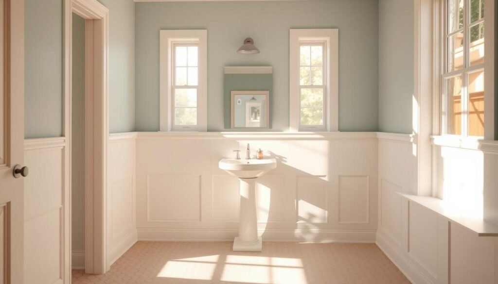 A cozy, inviting powder room with a soft, pastel color palette that creates an airy, expansive feel. The room is bathed in warm, diffused natural light filtering through a large window, casting gentle shadows and highlights. The walls are painted in a delicate, muted shade of blue-green, complemented by subtle white wainscoting that adds depth and texture. A pedestal sink in a creamy white hue stands as the focal point, surrounded by a minimalist mirror with a sleek, brushed metal frame. The floor is covered in small, hexagonal tiles in a soft, neutral tone, tying the entire space together. The overall mood is calming, serene, and visually expansive, evoking a sense of relaxation and spa-like tranquility. A cozy, inviting powder room with a soft, pastel color palette that creates an airy, expansive feel. The room is bathed in warm, diffused natural light filtering through a large window, casting gentle shadows and highlights. The walls are painted in a delicate, muted shade of blue-green, complemented by subtle white wainscoting that adds depth and texture. A pedestal sink in a creamy white hue stands as the focal point, surrounded by a minimalist mirror with a sleek, brushed metal frame. The floor is covered in small, hexagonal tiles in a soft, neutral tone, tying the entire space together. The overall mood is calming, serene, and visually expansive, evoking a sense of relaxation and spa-like tranquility.