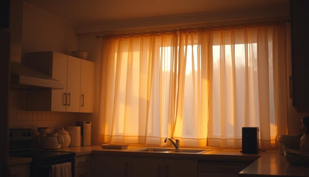 A cozy kitchen interior bathed in warm, filtered lighting. The scene features a large window with sheer curtains, allowing soft, golden light to gently spill across the countertops and cabinets. The lighting has a subtle, diffused quality, creating a inviting, ambient atmosphere. The kitchen appliances and decor are subtly visible, but the focus is on the soothing, enveloping glow emanating from the natural light. The overall impression is one of comfort, coziness and a sense of tranquility. A cozy kitchen interior bathed in warm, filtered lighting. The scene features a large window with sheer curtains, allowing soft, golden light to gently spill across the countertops and cabinets. The lighting has a subtle, diffused quality, creating a inviting, ambient atmosphere. The kitchen appliances and decor are subtly visible, but the focus is on the soothing, enveloping glow emanating from the natural light. The overall impression is one of comfort, coziness and a sense of tranquility.