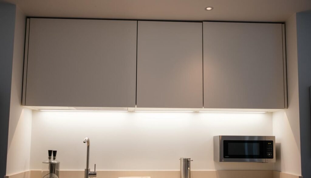 A cozy kitchen interior with sleek, modern under-cabinet task lighting. The soft, even illumination casts a warm glow on the countertop, highlighting the clean, minimalist design of the cabinets and appliances. The lighting is installed seamlessly, with a low-profile strip running along the bottom of the overhead cabinets, creating an inviting and practical workspace. The scene has a sense of refined elegance, with the lighting subtly enhancing the overall aesthetic of the kitchen. A cozy kitchen interior with sleek, modern under-cabinet task lighting. The soft, even illumination casts a warm glow on the countertop, highlighting the clean, minimalist design of the cabinets and appliances. The lighting is installed seamlessly, with a low-profile strip running along the bottom of the overhead cabinets, creating an inviting and practical workspace. The scene has a sense of refined elegance, with the lighting subtly enhancing the overall aesthetic of the kitchen.