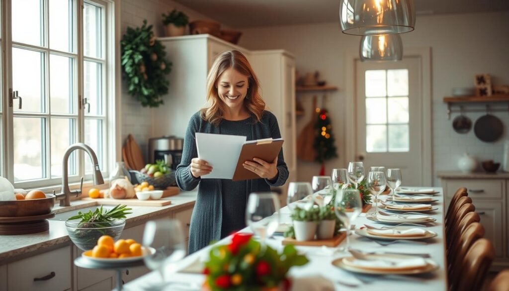 A cozy kitchen scene, bright and welcoming, with a host effortlessly coordinating a holiday dinner party. In the foreground, a smiling host checks a clipboard, ensuring all dietary needs are met - gluten-free, vegan, and nut-free dishes neatly labeled. Behind them, a well-stocked pantry and an array of fresh ingredients, hinting at the delicious feast to come. In the middle ground, a long table is set with elegant place settings, each guest's needs accommodated. The background features large windows, allowing natural light to flood the space, creating a warm and inviting atmosphere. The overall mood is one of thoughtful preparation, attention to detail, and the joyful anticipation of a successful holiday gathering.