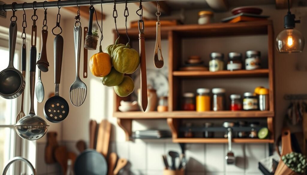A cozy kitchen with a hanging storage system, illuminated by soft, natural lighting. In the foreground, various kitchen tools and fresh produce are elegantly suspended from rustic metal hooks, creating an organized and visually appealing display. The middle ground features a wooden shelving unit, its shelves adorned with jars, spices, and other culinary essentials. The background showcases a warm, inviting atmosphere with earthy tones and subtle textures, complementing the overall rustic aesthetic. The composition emphasizes efficiency, functionality, and a harmonious blend of form and function, capturing the essence of maximizing space in a small kitchen. A cozy kitchen with a hanging storage system, illuminated by soft, natural lighting. In the foreground, various kitchen tools and fresh produce are elegantly suspended from rustic metal hooks, creating an organized and visually appealing display. The middle ground features a wooden shelving unit, its shelves adorned with jars, spices, and other culinary essentials. The background showcases a warm, inviting atmosphere with earthy tones and subtle textures, complementing the overall rustic aesthetic. The composition emphasizes efficiency, functionality, and a harmonious blend of form and function, capturing the essence of maximizing space in a small kitchen.