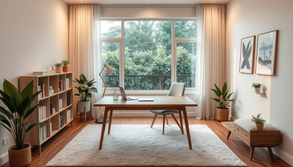 A cozy, light-filled workspace with clean, minimalist design. A large wooden desk takes center stage, flanked by sleek bookshelves and potted plants. Warm, diffused lighting filters through sheer curtains, casting a soft glow. The walls are painted in a serene, neutral tone, complemented by a plush area rug and mid-century modern accents. An oversized window offers picturesque views of a lush garden, creating a tranquil, inspirational atmosphere. The space is designed with focus and productivity in mind, yet still exudes a sense of comfort and relaxation. A cozy, light-filled workspace with clean, minimalist design. A large wooden desk takes center stage, flanked by sleek bookshelves and potted plants. Warm, diffused lighting filters through sheer curtains, casting a soft glow. The walls are painted in a serene, neutral tone, complemented by a plush area rug and mid-century modern accents. An oversized window offers picturesque views of a lush garden, creating a tranquil, inspirational atmosphere. The space is designed with focus and productivity in mind, yet still exudes a sense of comfort and relaxation.